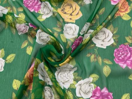 Chiffon Druck ROSEN grün-pink-gelb-weiß 