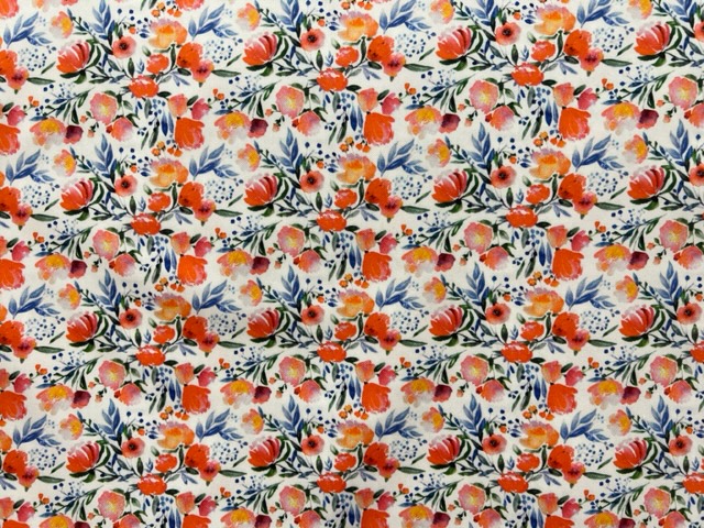 Popeline-Stretch   Blumen weiß-orange-blau 